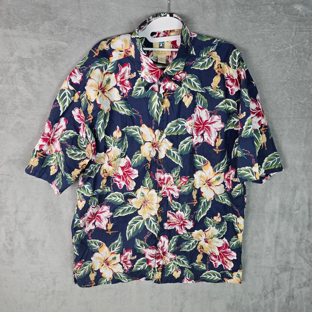 Kahala Mens Large Cotton Lawn Hawaiian Shirt Navy Blue Hula Girl Hibiscus Floral